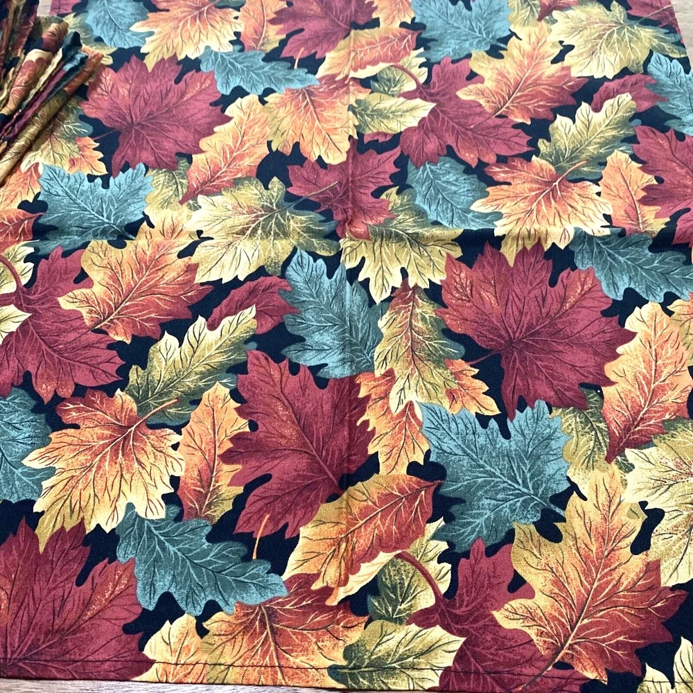Vintage Cloth Napkins Set of 6 Autumn Leaves Design Cotton Square Red Green Gold